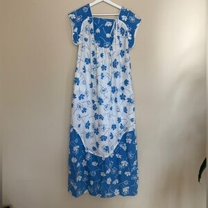 Keyloun Vintage Floral Cotton Nightgown Blue White Lounge Dress House Caftan